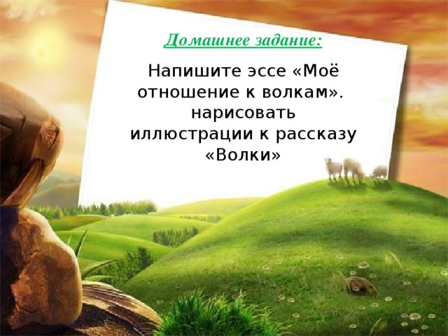 Домашнее задание: Напишите эссе «Моё отношение к волкам».   нарисовать иллюстрации к рассказу «Волки»