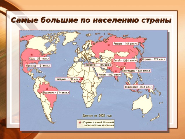 Обозначьте 10 стран самых крупных по численности населения контурная карта