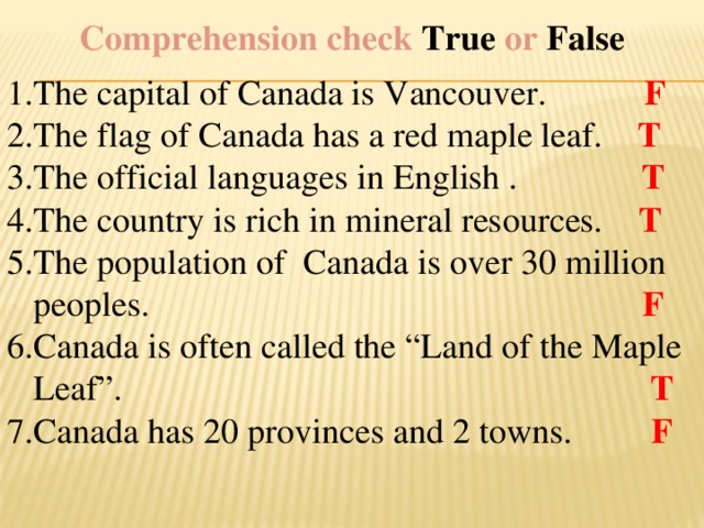 Comprehension check True or False