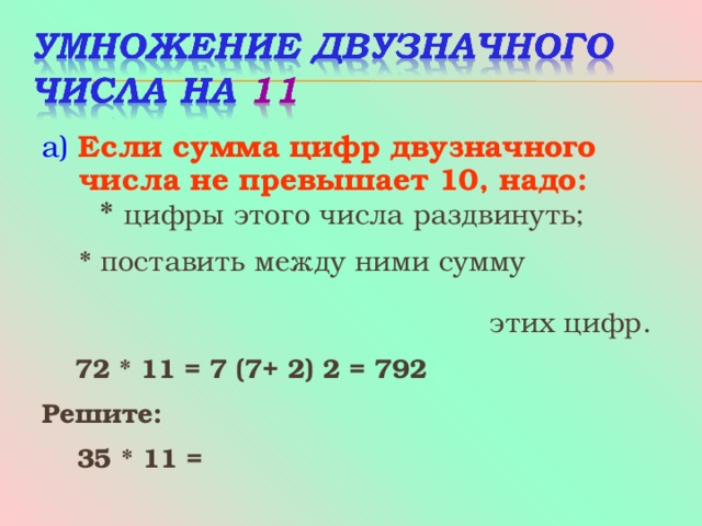 а)  Если сумма цифр д вузначного числа не превышает 10, надо:    * цифры этого числа раздвинуть;  * поставить между ними сумму  этих цифр.  72 * 11 = 7 (7+ 2) 2 = 792 Решите:    35 * 11 =