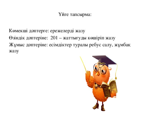 Үйге тапсырма: Көмекші дәптерге: ережелерді жазу Өзіндік дәптеріне: 201 – жаттығуды көшіріп жазу Жұмыс дәптеріне: есімдіктер туралы ребус салу, жұмбақ жазу