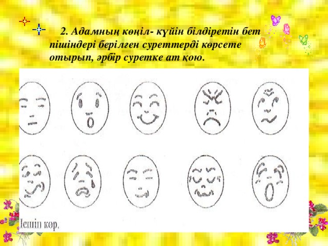 2. Адамның көңіл- күйін білдіретін бет пішіндері берілген суреттерді көрсете отырып, әрбір суретке ат қою.