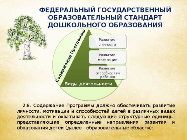 Содержание Программы ФЕДЕРАЛЬНЫЙ ГОСУДАРСТВЕННЫЙ ОБРАЗОВАТЕЛЬНЫЙ СТАНДАРТ ДОШКОЛЬНОГО ОБРАЗОВАНИЯ Развитие личности Развитие мотивации Развитие способностей ребёнка Виды деятельности  2.6. Содержание Программы должно обеспечивать развитие личности, мотивации и способностей детей в различных видах деятельности и охватывать следующие структурные единицы, представляющие определенные направления развития и образования детей (далее - образовательные области):