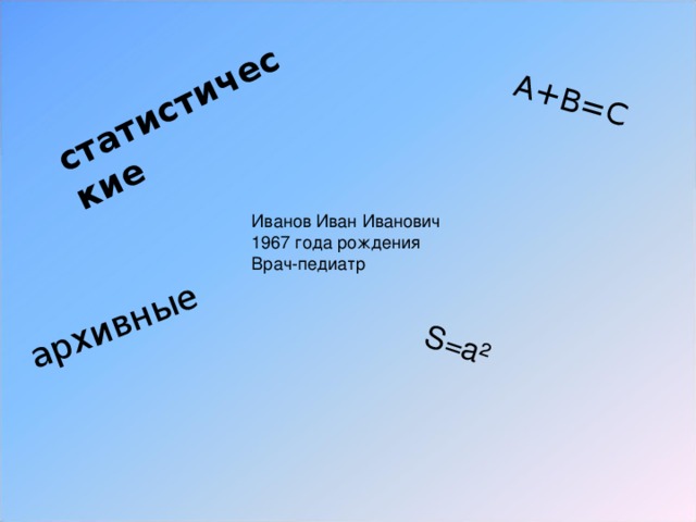 статистические A+B=C архивные S=a² Иванов Иван Иванович 1967 года рождения Врач-педиатр