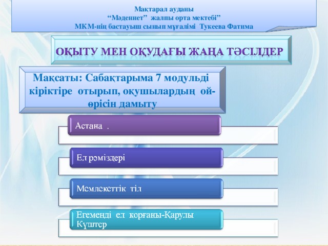 Мақтарал ауданы “ Мәдениет” жалпы орта мектебі” МКМ-нің бастауыш сынып мұғалімі Тукеева Фатима  Мақсаты: Сабақтарыма 7 модульді кіріктіре отырып, оқушылардың ой-өрісін дамыту