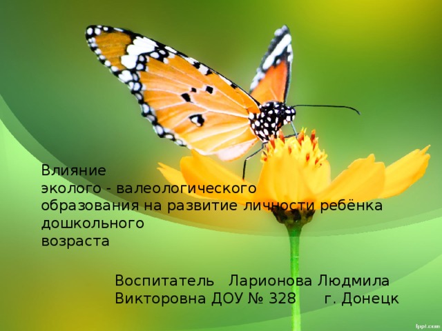 Влияние  эколого - валеологического  образования на развитие личности ребёнка дошкольного  возраста   Воспитатель Ларионова Людмила Викторовна ДОУ № 328 г. Донецк