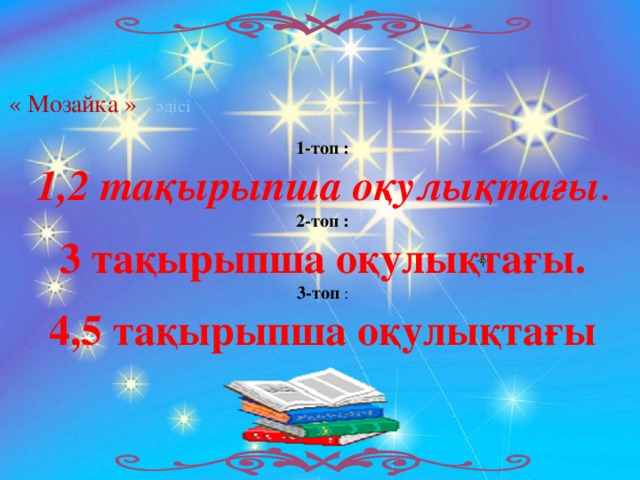 « Мозайка » әдісі 1-топ : 1,2 тақырыпша оқулықтағы . 2-топ : 3 тақырыпша оқулықтағы. 3-топ : 4,5 тақырыпша оқулықтағы