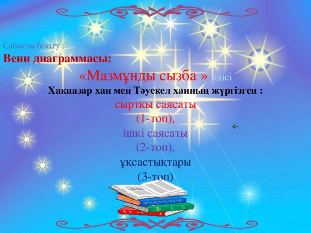 Сабақты бекіту : Венн диаграммасы: «Мазмұнды сызба » әдісі Хақназар хан мен Тәуекел ханның жүргізген : сыртқы саясаты (1-топ), ішкі саясаты (2-топ), ұқсастықтары (3-топ)