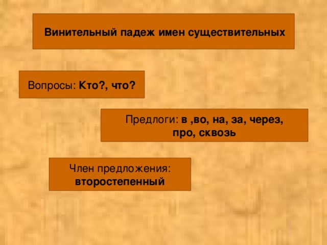 Винительный падеж имен существительных Вопросы: Кто?, что? Предлоги: в ,во, на, за, через, про, сквозь Член предложения: второстепенный