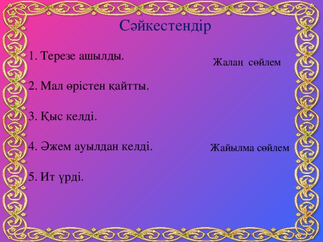 Сәйкестендір Терезе ашылды.  Мал өрістен қайтты.  Қыс келді.  Әжем ауылдан келді.  Ит үрді. Жалаң сөйлем Жайылма сөйлем