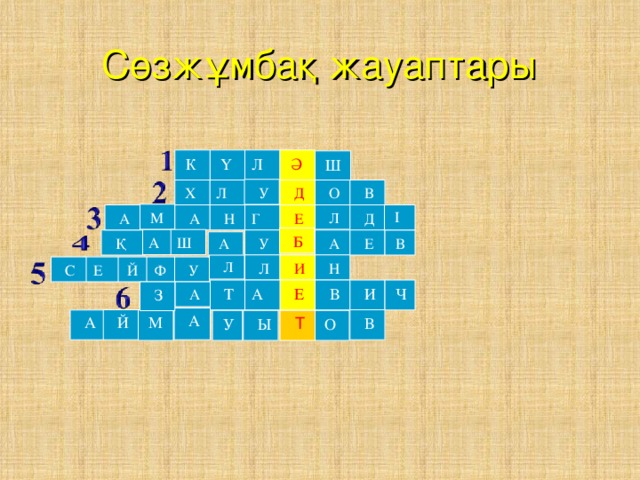 Сөзжұмбақ жауаптары Л  Ә  Ү  К  Ш  У Л  Д  О  В  Х  М  Л  І  Д  Е  А  Н  А Г  Б Ш А  У  А  Е  В  Қ  А  Н  Л  Л  И  Е  У  Й  Ф  С  Е  Ч А  И  Т  В  З  А  А  М  Й  В  А  О  У  Ы  Т