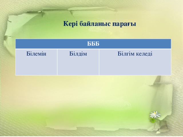 Кері байланыс парағы  БББ Білемін Білдім Білгім келеді