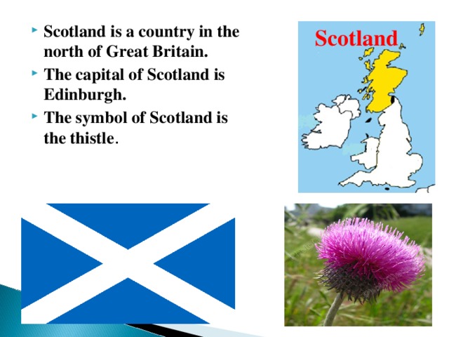 Scotland is a country in the north of Great Britain. The capital of Scotland is Edinburgh. The symbol of Scotland is the thistle .