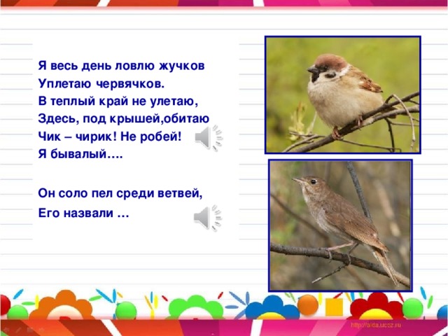 Я весь день ловлю жучков Уплетаю червячков. В теплый край не улетаю, Здесь, под крышей,обитаю Чик – чирик! Не робей! Я бывалый….  Он соло пел среди ветвей, Его назвали …