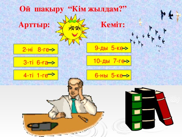 Ой шақыру “Кім жылдам?” Арттыр: Кеміт: 9-ды 5-ке 2-ні 8-ге 10-ды 7-ге 3-ті 6-ға 6-ны 5-ке 4-ті 1-ге