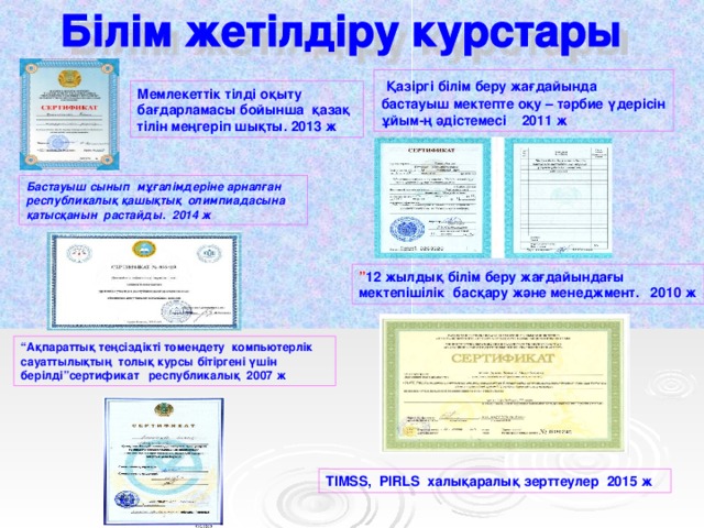 Қазіргі білім беру жағдайында бастауыш мектепте оқу – тәрбие үдерісін ұйым-ң әдістемесі 2011 ж Мемлекеттік тілді оқыту бағдарламасы бойынша қазақ тілін меңгеріп шықты. 2013 ж Бастауыш сынып мұғалімдеріне арналған республикалық қашықтық олимпиадасына қатысқанын растайды. 2014 ж ” 12 жылдық білім беру жағдайындағы мектепішілік басқару және менеджмент. 2010 ж “ Ақпараттық теңсіздікті төмендету компьютерлік сауаттылықтың толық курсы бітіргені үшін берілді”сертификат республикалық 2007 ж TIMSS , PIRLS халықаралық зерттеулер 2015 ж