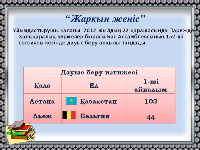 “ Жарқын жеңіс” Ұйымдастырушы қаланы 2012 жылдың 22 қарашасында Парижде Халықаралық көрмелер бюросы Бас Ассамблеясының 152-ші сессиясы кезінде дауыс беру арқылы таңдады. 8