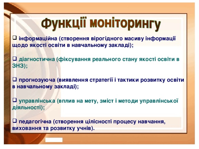 інформаційна (створення вірогідного масиву інформації щодо якості освіти в навчальному закладі);   діагностична (фіксування реального стану якості освіти в ЗНЗ);   прогнозуюча (виявлення стратегії і тактики розвитку освіти в навчальному закладі);   управлінська (вплив на мету, зміст і методи управлінської діяльності);   педагогічна (створення цілісності процесу навчання, виховання та розвитку учнів).