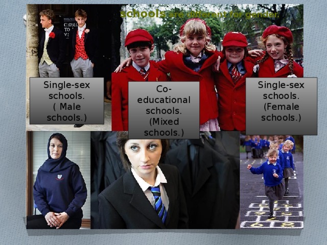 schools are different for gender. Single-sex schools. Single-sex schools. ( Male schools.) (Female schools.) Co-educational schools. (Mixed schools.)