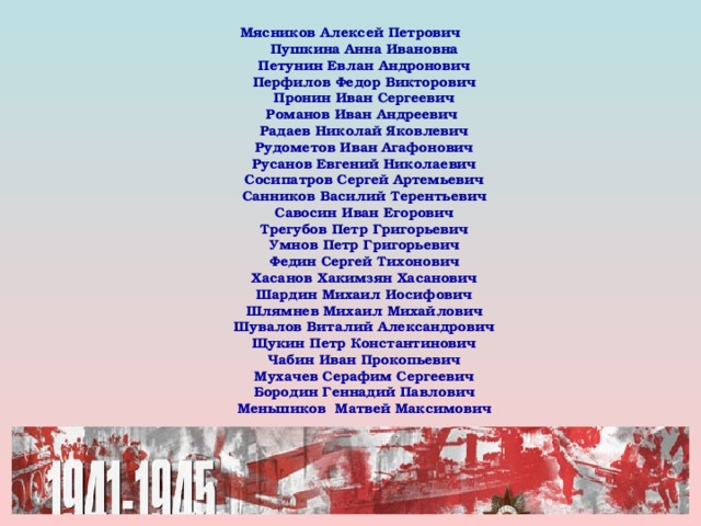 Мясников Алексей Петрович  Пушкина Анна Ивановна  Петунин Евлан Андронович  Перфилов Федор Викторович  Пронин Иван Сергеевич  Романов Иван Андреевич  Радаев Николай Яковлевич  Рудометов Иван Агафонович  Русанов Евгений Николаевич  Сосипатров Сергей Артемьевич  Санников Василий Терентьевич  Савосин Иван Егорович  Трегубов Петр Григорьевич  Умнов Петр Григорьевич  Федин Сергей Тихонович  Хасанов Хакимзян Хасанович  Шардин Михаил Иосифович  Шлямнев Михаил Михайлович  Шувалов Виталий Александрович  Щукин Петр Константинович  Чабин Иван Прокопьевич  Мухачев Серафим Сергеевич  Бородин Геннадий Павлович  Меньшиков Матвей Максимович