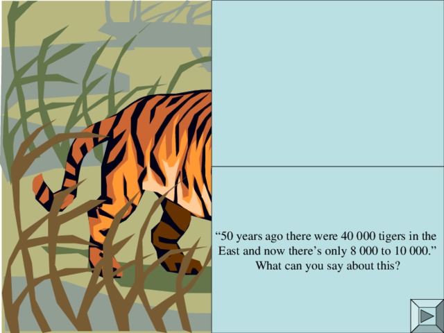 “ 50 years ago there were 40 000 tigers in the East and now there’s only 8 000 to 10 000.” What can you say about this?