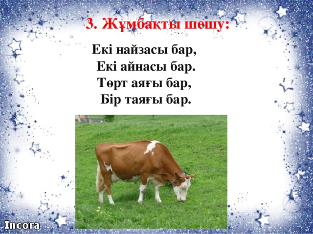 3. Жұмбақты шешу: Екі найзасы бар,   Екі айнасы бар.  Төрт аяғы бар,   Бір таяғы бар.