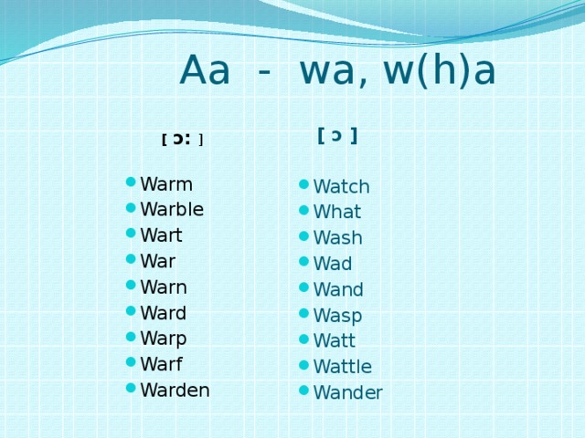 Aa - wa, w(h)a  [ ɔ ]  Watch What Wash Wad Wand Wasp Watt Wattle Wander [  ɔ: ]