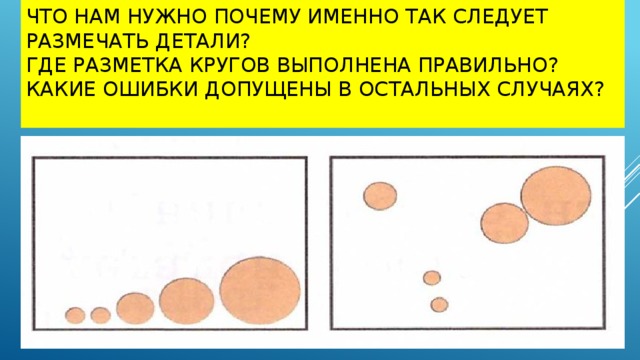 Что нам нужно Почему именно так следует размечать детали?  Где разметка кругов выполнена правильно?  Какие ошибки допущены в остальных случаях?