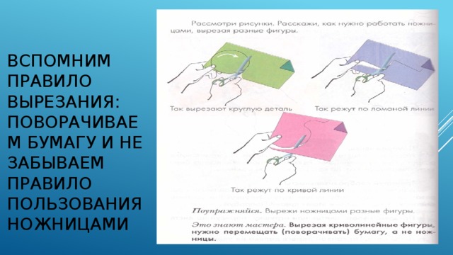 Вспомним правило вырезания:  поворачиваем бумагу и не забываем правило пользования ножницами