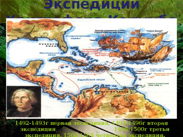 Экспедиции Христофора Колумба 1492-1493г первая экспедиция, 1493-1496г вторая экспедиция , 1498-1500г третья экспедиция, 1502-1504 четвертая экспедиция.
