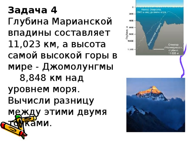 Задача 4 Глубина Марианской впадины составляет 11,023 км, а высота самой высокой горы в мире - Джомолунгмы 8,848 км над уровнем моря. Вычисли разницу между этими двумя точками.