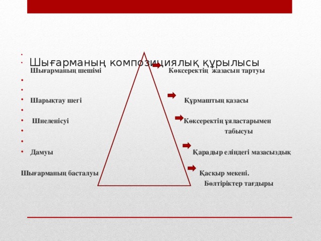 Шығарманың композициялық құрылысы         Шығарманың шешімі Көксеректің жазасын тартуы     Шарықтау шегі Құрмаштың қазасы     Шиеленісуі Көксеректің ұяластарымен  табысуы   Дамуы Қарадыр еліндегі мазасыздық  Шығарманың басталуы Қасқыр мекені.  Бөлтіріктер тағдыры