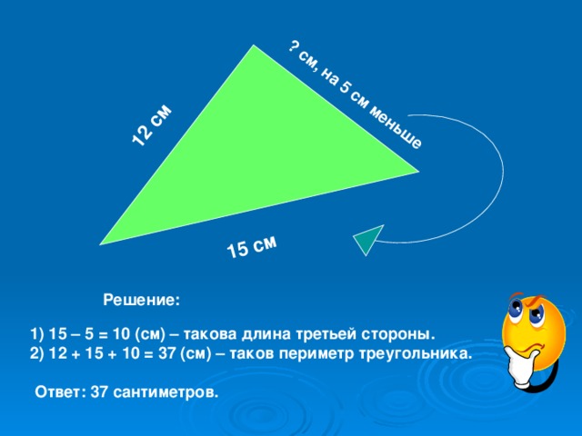 12 см 15 см ? см, на 5 см меньше Решение: 1) 15 – 5 = 10 (см) – такова длина третьей стороны. 2) 12 + 15 + 10 = 37 (см) – таков периметр треугольника. Ответ: 37 сантиметров.