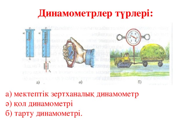 Динамометрлер түрлері: а) мектептік зертханалық динамометр ә) қол динамометрі б) тарту динамометрі.