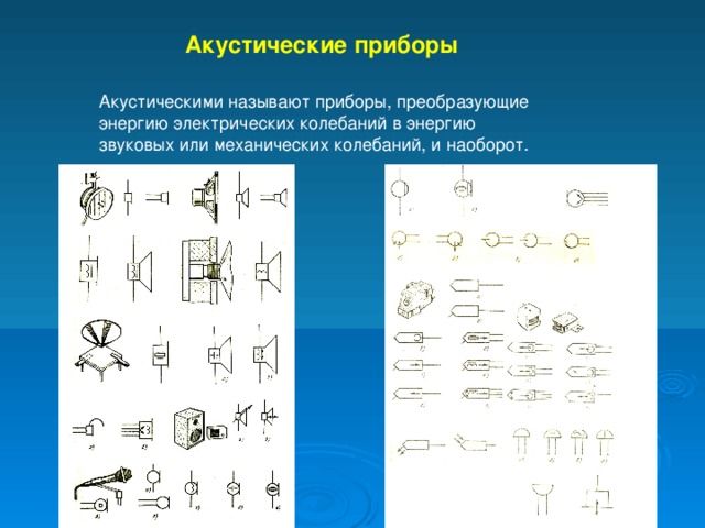 Акустические приборы Акустическими называют приборы, преобразующие энергию электрических колебаний в энергию звуковых или механических колебаний, и наоборот.