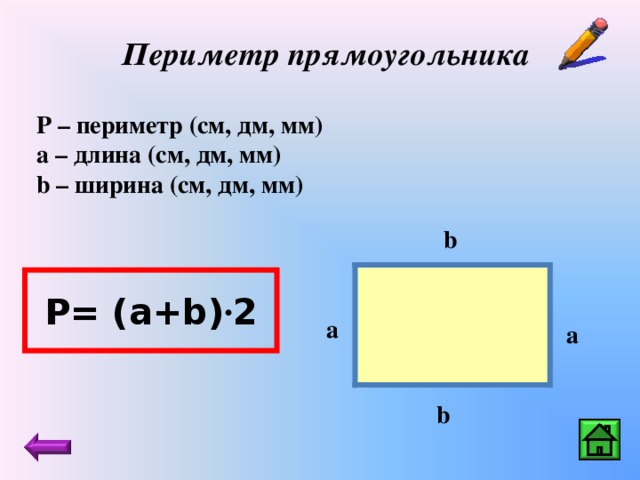 Периметр прямоугольника Р – периметр (см, дм, мм) а – длина (см, дм, мм) b – ширина (см, дм, мм) b P= (a+b) · 2 а а b