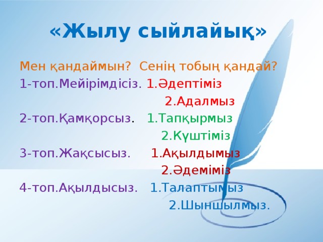 «Жылу сыйлайық» Мен қандаймын? Сенің тобың қандай? 1-топ.Мейірімдісіз. 1.Әдептіміз  2.Адалмыз 2-топ.Қамқорсыз . 1.Тапқырмыз  2.Күштіміз 3-топ.Жақсысыз. 1.Ақылдымыз  2.Әдеміміз 4-топ.Ақылдысыз. 1.Талаптымыз  2.Шыншылмыз.