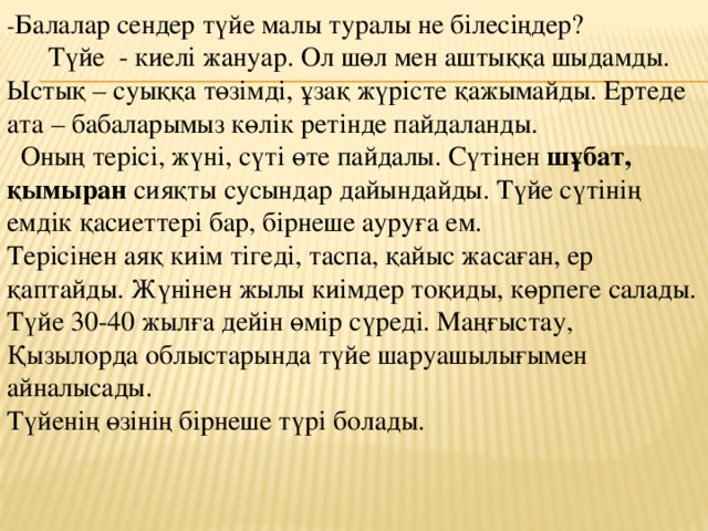 - Балалар сендер түйе малы туралы не білесіңдер?  Түйе  - киелі жануар. Ол шөл мен аштыққа шыдамды. Ыстық – суыққа төзімді, ұзақ жүрісте қажымайды. Ертеде ата – бабаларымыз көлік ретінде пайдаланды.   Оның терісі, жүні, сүті өте пайдалы. Сүтінен  шұбат, қымыран  сияқты сусындар дайындайды. Түйе сүтінің емдік қасиеттері бар, бірнеше ауруға ем. Терісінен аяқ киім тігеді, таспа, қайыс жасаған, ер қаптайды. Жүнінен жылы киімдер тоқиды, көрпеге салады. Түйе 30-40 жылға дейін өмір сүреді. Маңғыстау, Қызылорда облыстарында түйе шаруашылығымен айналысады. Түйенің өзінің бірнеше түрі болады.         