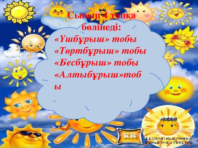 Сынып 4 топқа бөлінеді: «Үшбұрыш» тобы «Төртбұрыш» тобы «Бесбұрыш» тобы «Алтыбұрыш»тобы