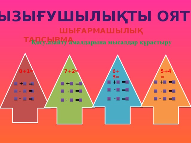 Қызығушылықты ояту  ШЫҒАРМАШЫЛЫҚ ТАПСЫРМА Қосу,азайту амалдарына мысалдар құрастыру 6+3= 7+2= 5+4= 8+1= +  =  = + + +  =  = -  = - - -  =  =  = -  = -  = -  = -  =