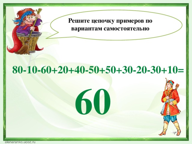 Решите цепочку примеров по вариантам самостоятельно 80-10-60+20+40-50+50+30-20-30+10= 60