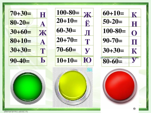 100-80= 20+10= 60-30= 20+70= 70-60= 10+10= 60+10= 50-20= 100-80= 90-70= 30+30= 80-60= Н Ж Ё А Ж Л Т А У Т 70+30= Ю Ь 80-20= 30+60= 80+10= 30+30= 90-40= К Н О П К У