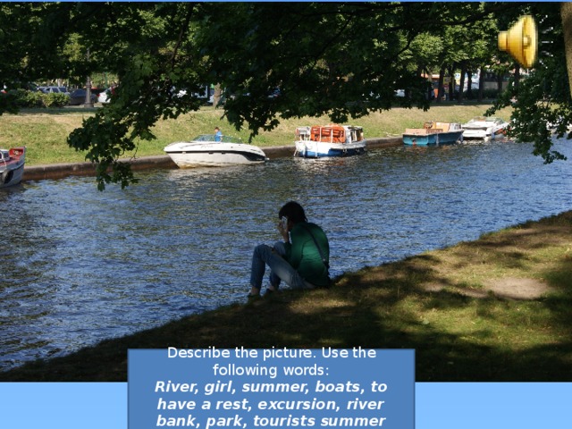 Describe the picture. Use the following words: River, girl, summer, boats, to have a rest, excursion, river bank, park, tourists summer holidays