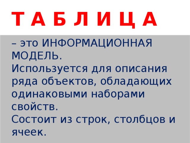 Т А Б Л И Ц А – это ИНФОРМАЦИОННАЯ МОДЕЛЬ. Используется для описания ряда объектов, обладающих одинаковыми наборами свойств. Состоит из строк, столбцов и ячеек.