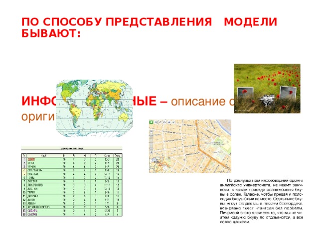 ПО СПОСОБУ ПРЕДСТАВЛЕНИЯ МОДЕЛИ БЫВАЮТ:     ИНФОРМАЦИОННЫЕ –  описание объекта-оригинала: