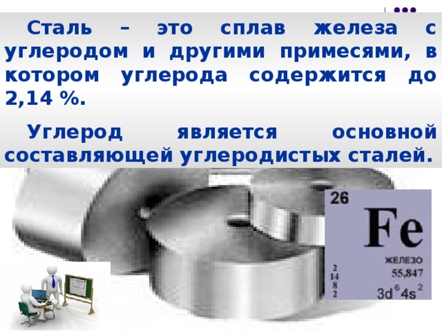 Сталь – это сплав железа с углеродом и другими примесями, в котором углерода содержится до 2,14 %.  Углерод является основной составляющей углеродистых сталей.