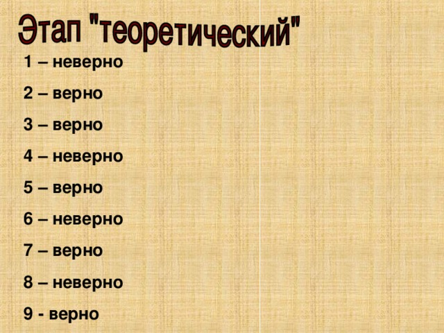 1 – неверно 2 – верно 3 – верно 4 – неверно 5 – верно 6 – неверно 7 – верно 8 – неверно 9 - верно