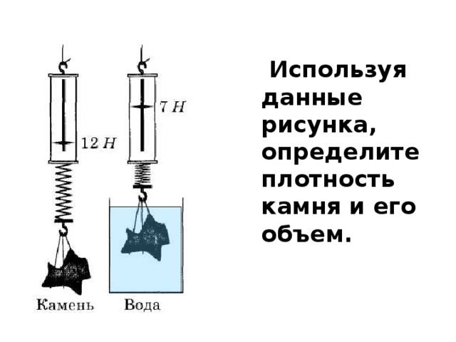 Используя данные рисунка, определите плотность камня и его объем.