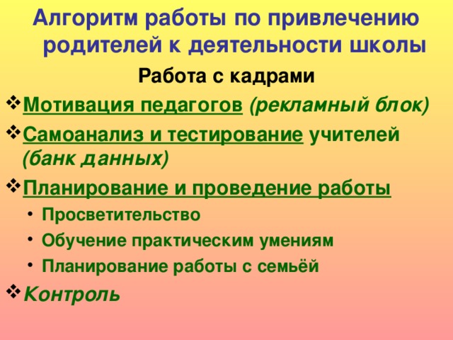 Алгоритм работы по привлечению родителей к деятельности школы Работа с кадрами Мотивация педагогов  (рекламный блок) Самоанализ и тестирование учителей (банк данных) Планирование и проведение работы Просветительство Обучение практическим умениям Планирование работы с семьёй Просветительство Обучение практическим умениям Планирование работы с семьёй Контроль