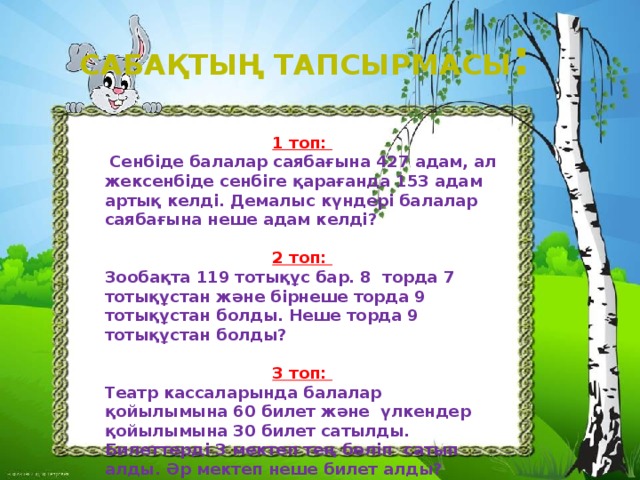 Сабақтың тапсырмасы : 1 топ:  Сенбіде балалар саябағына 427 адам, ал жексенбіде сенбіге қарағанда 153 адам артық келді. Демалыс күндері балалар саябағына неше адам келді? 2 топ: Зообақта 119 тотықұс бар. 8 торда 7 тотықұстан және бірнеше торда 9 тотықұстан болды. Неше торда 9 тотықұстан болды? 3 топ: Театр кассаларында балалар қойылымына 60 билет және үлкендер қойылымына 30 билет сатылды. Билеттерді 3 мектеп тең бөліп сатып алды. Әр мектеп неше билет алды?